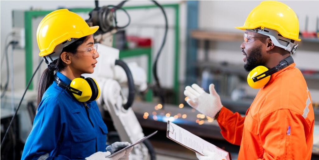 trabalhadores realizando suas atividades conforme as normas de segurança na automação industrial