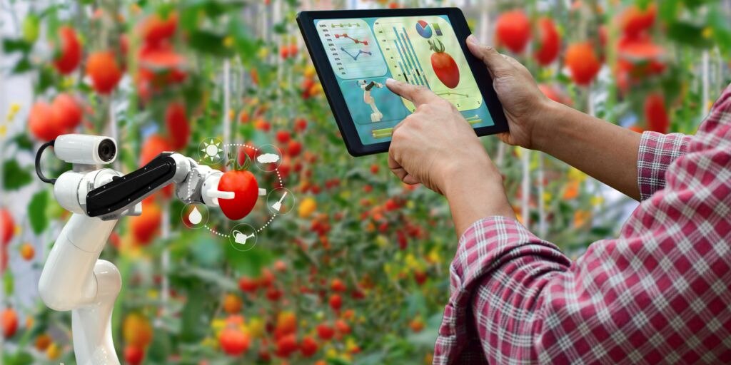 robô conectado à iot na agricultura sendo usado para colheita