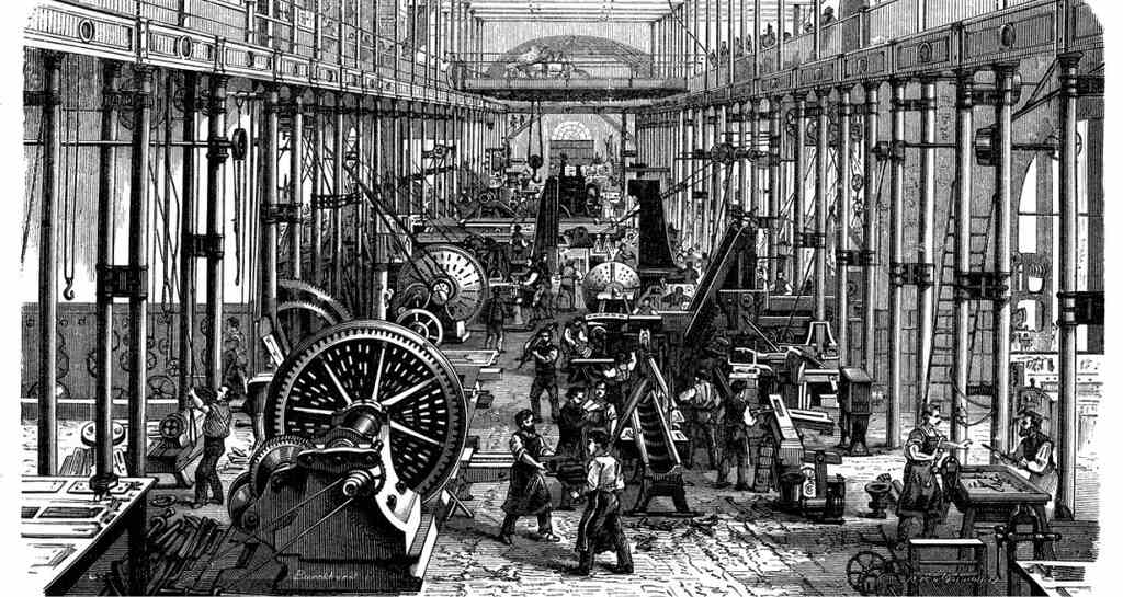 ilustração da Revolução Industrial representando a evolução da tecnologia na indústria
