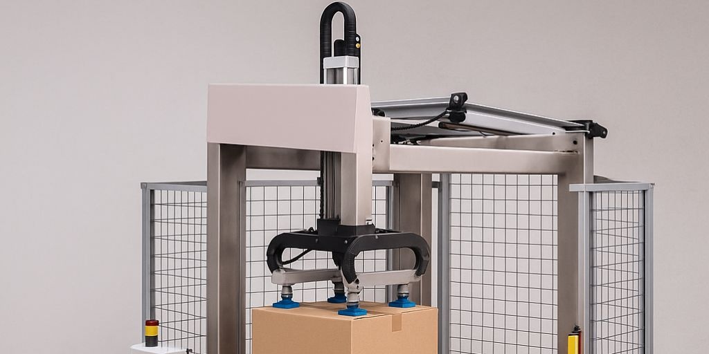 atuador linear em processo de movimentação de caixas, na automação industrial