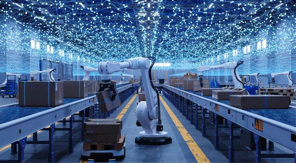 Veículos e robôs automatizados em operação, exemplo de aplicação de redes de comunicação industrial.
