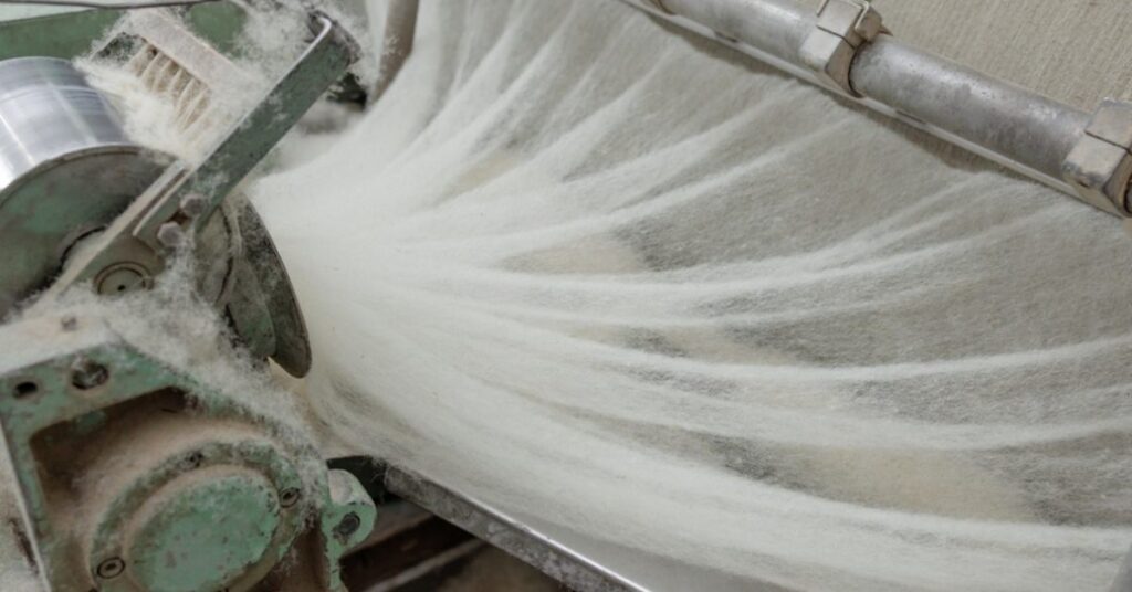 Máquina cardadora processando fibras de lã bruta para produção têxtil.