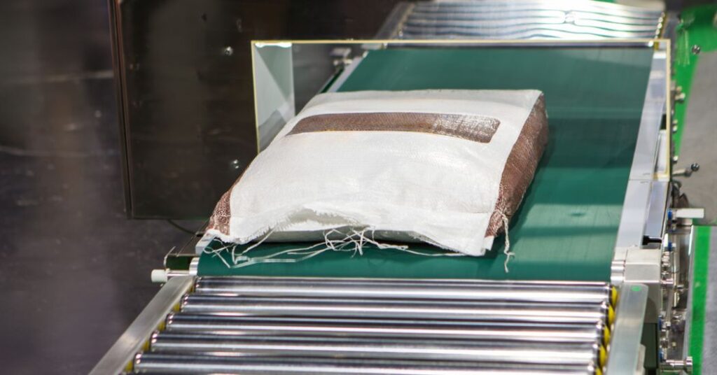 Saca de açúcar em cima de uma esteira transportadora.