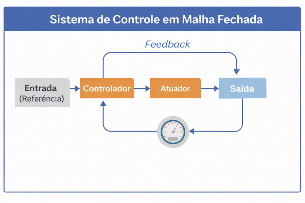 Ilustração de diagrama exemplificando sistema de controle de malha fechada.