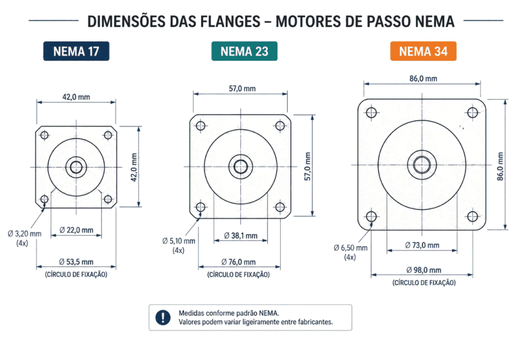 Dimensões das flanges dos motores de passo NEMA 17, 23 e 34.