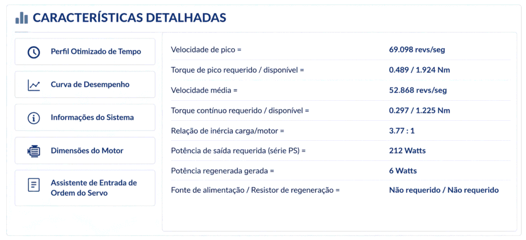 Tela de resumo do memorial de cálculo de torque, rotação e inércia e cálculo da potência regenerada.