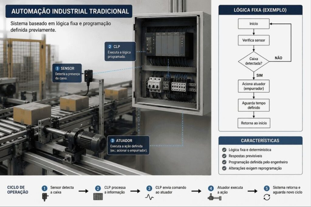 Exemplo de automação industrial tradicional baseada em lógica fixa programada em CLP.