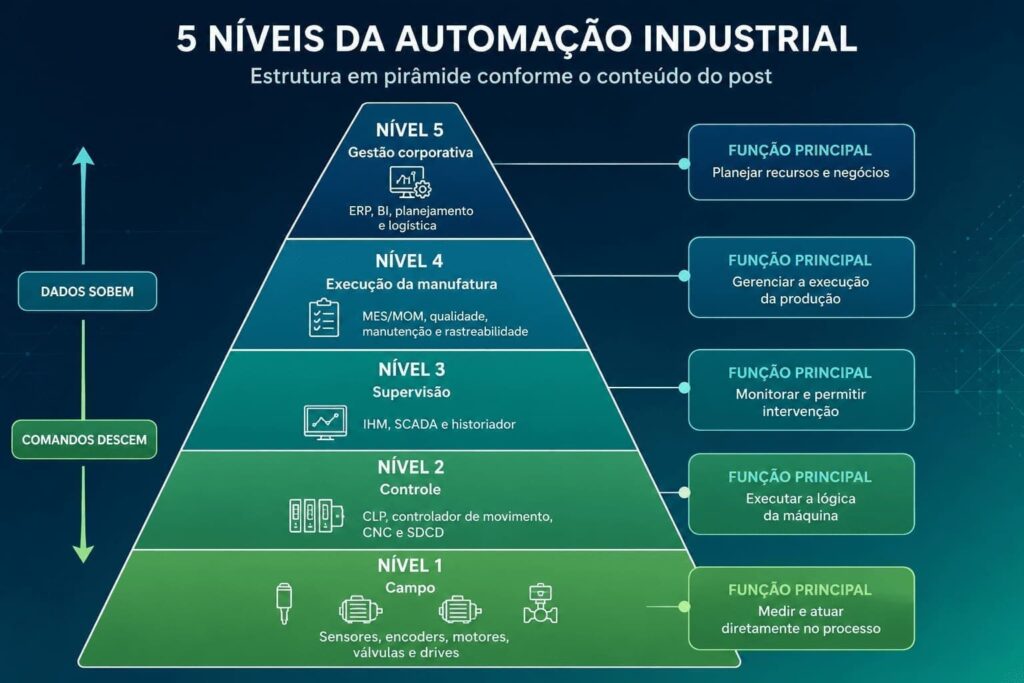 Pirâmide com os 5 níveis da automação industrial, do campo à gestão corporativa