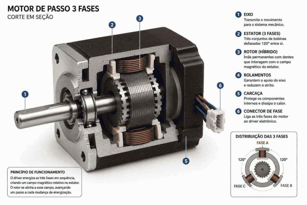 Motor de passo 3 fases em corte mostrando rotor híbrido, estator com três fases defasadas em 120°, rolamentos, eixo e componentes internos.
