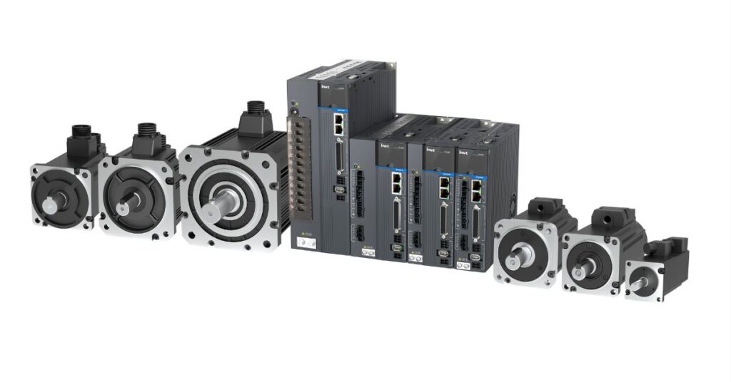 Servomotores DA180A e DA200A com servo drivers utilizados em sistemas de posicionamento industrial de alta precisão.