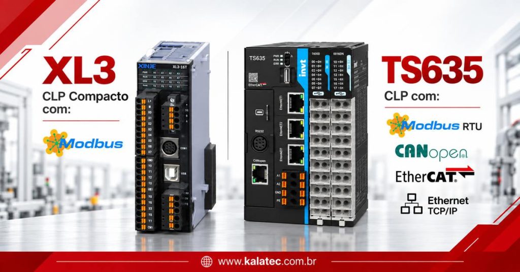 CLP XL3 da XINJE e CLP TS635 da INVT, com identificação dos protocolos de comunicação disponíveis em cada modelo.